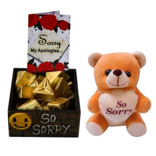 Apology Gift for Boyfriend, Girlfriend - Sorry Greeting Card, Sorry Teddy Bear and 12 Chocolate Pieces with Wooden Box
