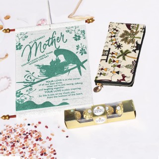 Gift for Maa - Scroll Greeting Card, Women Hand Wallet and Ferrero Rocher Chocolate