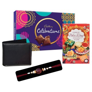 Bhai Dooj Tika Gift - Chocolate with Designer Thread/Dora & Wallet, Greeting Card - Gift for Younger / Elder Brother