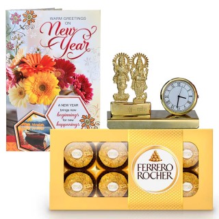 New Year Gift Set - Laxmi Ganesha with Table Clock Showpiece, Greeting Card, Chocolate Box