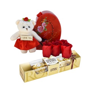 Best Valentine Day Love Gift - Small Teddy with 5 Scented Red Roses and Chocolate