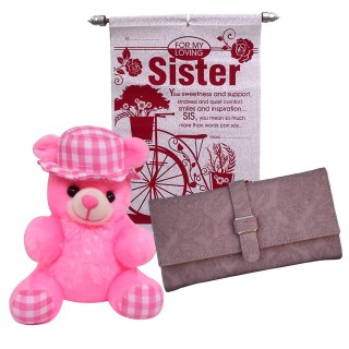 Rakhi Gift for Sister - Scroll Card, Soft Toy & Women's Wallet