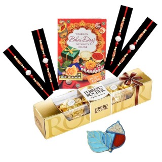 Bhai Dooj Tika Set - Pack of 4 Thread/Dora for Brother - Roli Chawal Pack with Chocolate & Greeting Card