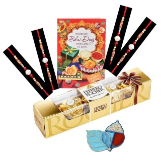 Bhai Dooj Tika Set - Pack of 4 Thread/Dora for Brother - Roli Chawal Pack with Chocolate & Greeting Card