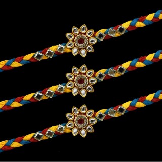 Mauli Rakhi for Brother Set of 3 - Kundan Stone Rakhi