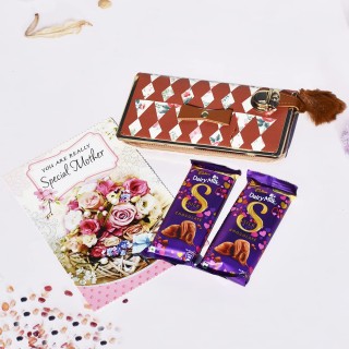 Special Gift for Mother - Greeting Card, Women Hand Wallet and 2 Silk Chocolate