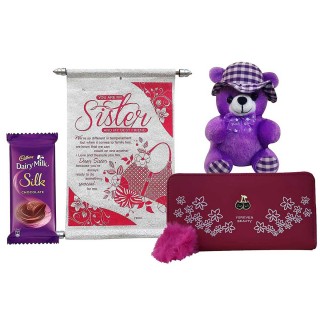 Rakhi  Gift for Sister - Scroll Card, Soft Toy, Women's Wallet & Dairy Milk Chocolate