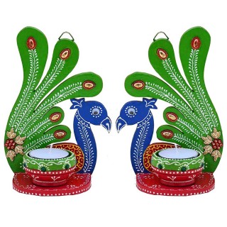 Handmade Wooden Peacock Tealight Candle Wall Hanging With Candles (1 Pair)