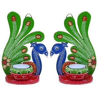 Handmade Wooden Peacock Tealight Candle Wall Hanging With Candles (1 Pair)