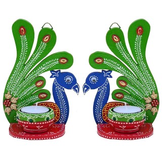 Handmade Wooden Peacock Tealight Candle Wall Hanging With Candles (1 Pair)