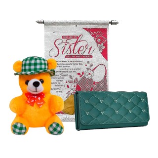 Rakhi Gift for Sister - Scroll Card, Soft Toy and Women's Wallet