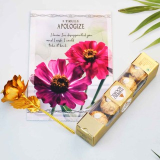 Apology Gift Combo - Sorry Greeting Card, Artificial Golden Rose and Chocolate
