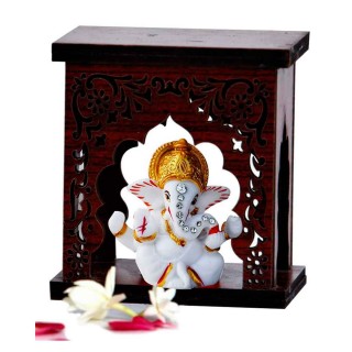 Lord Ganesha Idol with Wooden Temple for Car Dashboard, Pooja Room and Gift
