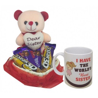 Rakhi Gift for Sister - Coffee Mug, Soft Toy & Basket with Chocolates