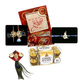 Designer Rakhi for Bhaiya-Bhabhi and Krishna Rakhi for Kids with Chocolate Gift and Greeting Card