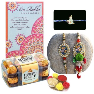 Designer Rakhi for Bhaiya-Bhabhi and Krishna Rakhi for Kids with Chocolate Gift and Greeting Card