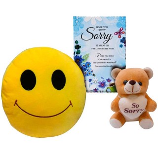 Soft Smiley Cushion With Greeting Card And Sorry Teddy Bear