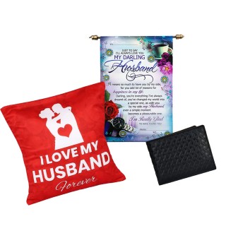 Best Gift for Husband - Scroll Card, Love Printed Cushion/Pillow, Leather Wallet - Birthday - Anniversary Gift