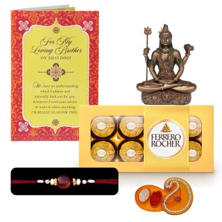 Bhai Dooj Gift for Brother - Greeting Card, Lord Shiva Statue, Designer Thread, Chocolate Box