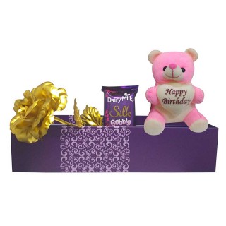 Birthday Gift for Girlfriend or Wife -Happy Birthday Teddy, Artificial Golden Rose & Chocolate