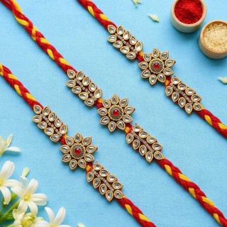 Set of 3 Handmade Rakhi for Brother - Kundan Stone Mauli Thread Rakhi