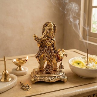 Brass Krishna with Cow Idol for Home Decor, Pooja Vastu Gift Item