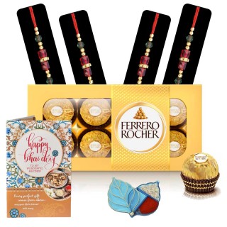 Bhai Dooj Gift Combo -  Pack of 4 Thread/Dora with Chocolate - Greeting Card - Roli Chawal Pack - Designer Thread