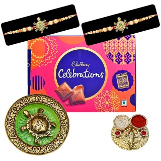 Rakhi for Brother with Chocolate Gift and Metal Feng Shui Tortoise or Kachuaa with Roli Chawal