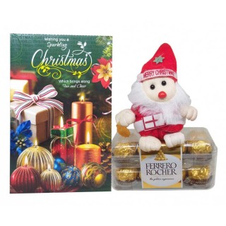 Christmas Gift Combo - Greeting Card, Small Santa Soft Toy & Ferrero Rocher Pack of 16