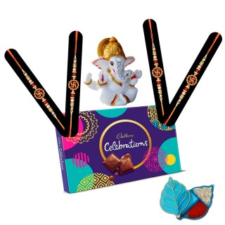 Bhai Dooj Gift for Bhai - Stone Thread/Dora Pack of 4 with Chocolate - Lord Ganesha Idol/Showpiece