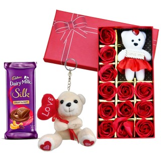 Love Gift for Girlfriend, Boyfriend - Red Rose Gift Box with Teddy Keychain and Chocolate