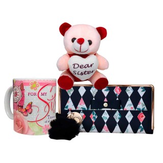 Rakhi Gift for Sister - Soft Toy, Coffee Mug & Women's Wallet