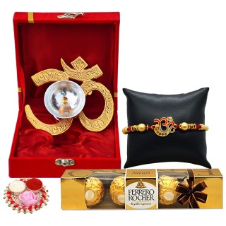 Raksha Bandhan Gift Combo for Brother - Om Rakhi with Om Diya, Chocolate, & Roli Chawal Platter