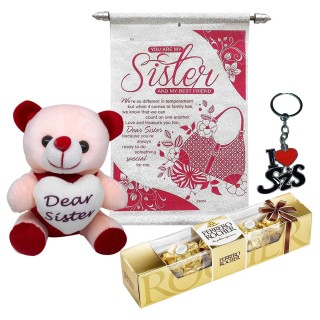 Best Gift Combo for Sister - Scroll Card, Teddy Bear, Keychain and Chocolate Box