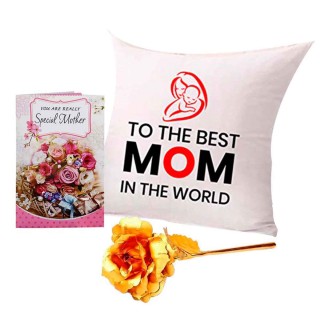 Gift for Mom - Greeting Card with Mom Quotes Cushion and Artificial Golden Rose