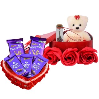 Best Valentine Day Love Gift for Girlfriend, Wife, Boyfriend - Greeting Card, Teddy with Red Rose Flowers, Basket with Chocolates