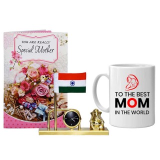 Best Gift for Working Mom - Greeting Card, Coffee Mug and Indian Flag with Ganesha Idol & Clock