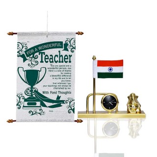 Gift for Teachers - Teacher Scroll Card, Indian Flag with Table Clock and Ganesha Idol Metal Showpiece