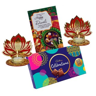 Chocolate with Diwali Greeting Card, Lakshmi Ganesha Lotus Tealight Candle Holder with Tealight candles - Diwali Corporate Gift Combo