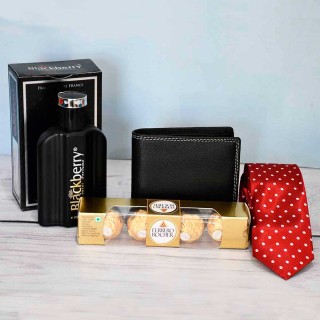 Gift for Men - Chocolate, Genuine Leather Wallet, Perfume and Neck Tie - Valentine Day - Birthday - Anniversary Gift