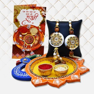 Stone Rakhi for Bhai Bhabhi with Greeting Card and Wooden Pooja Thali