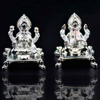 Silver Lakshmi Ganesha Idol for Home Temple, Car Dashboard, Showpiece