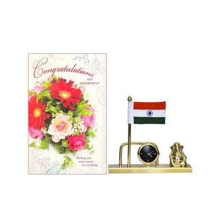 Congratulation Gift - Congratulation Greeting Card, Indian Flag with Table Clock and Ganesha Idol Metal Showpiece