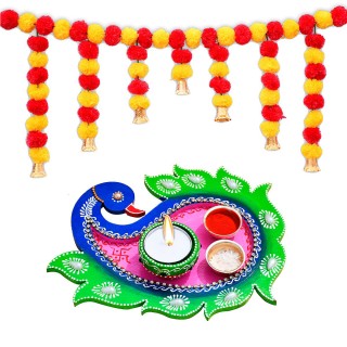 Artificial Main Door Hanging Toran With Peacock Wooden Pooja Thali For Diwali and Navratri Decoration