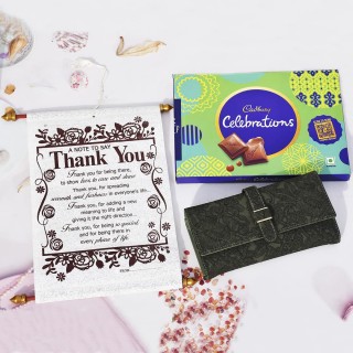 Thank You Gift for Women - Thank You Scroll Card, Hand Clutch, Chocolate Celebration Pack
