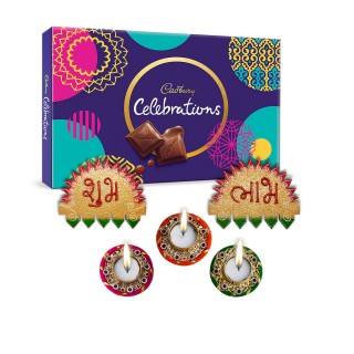 Tea Light Candles, Wooden hanging Shubh Labh, And Cadbury Celebration Chocolate Box Gift Pack