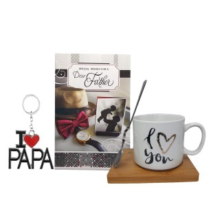 Greeting Card - Coffee Mug Wooden Coaster with Spoon & I Love Papa Key Chain