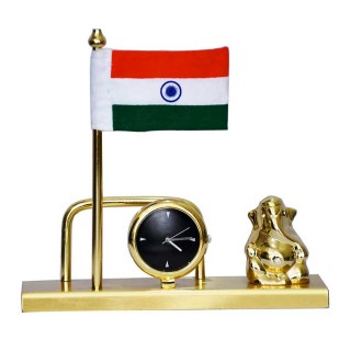 Clock with Ganesha Idol & Indian Flag Showpiece for Car Dashboard, Office Desk