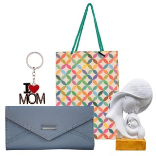 Best Gift for Mother: Mother and Child Showpiece, I Love Mom Keychain, Women Wallet, and Paper Carry Bag