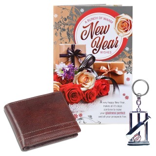 New Year Gift for Men & Boys - Greeting Card, Men's Wallet, Cricket Keychain